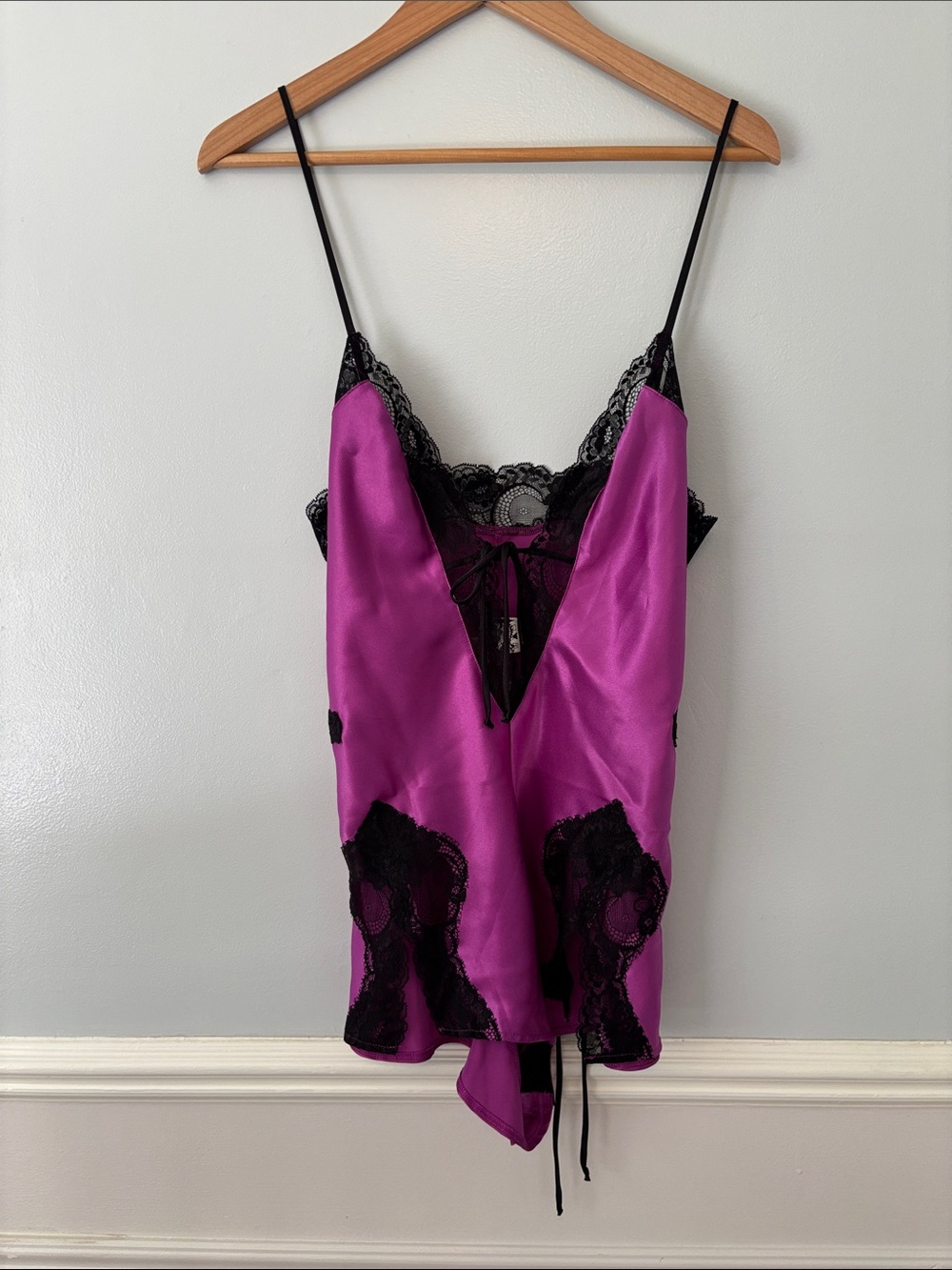 Lover's Lane Magenta Satin Bodysuit Black Lace Sz M/L Boudoir Romantic Goth